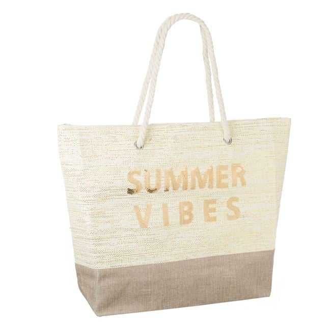 Плажна бежова ютена чанта със златни пайети "Summer Vibes"55.5x15x42см