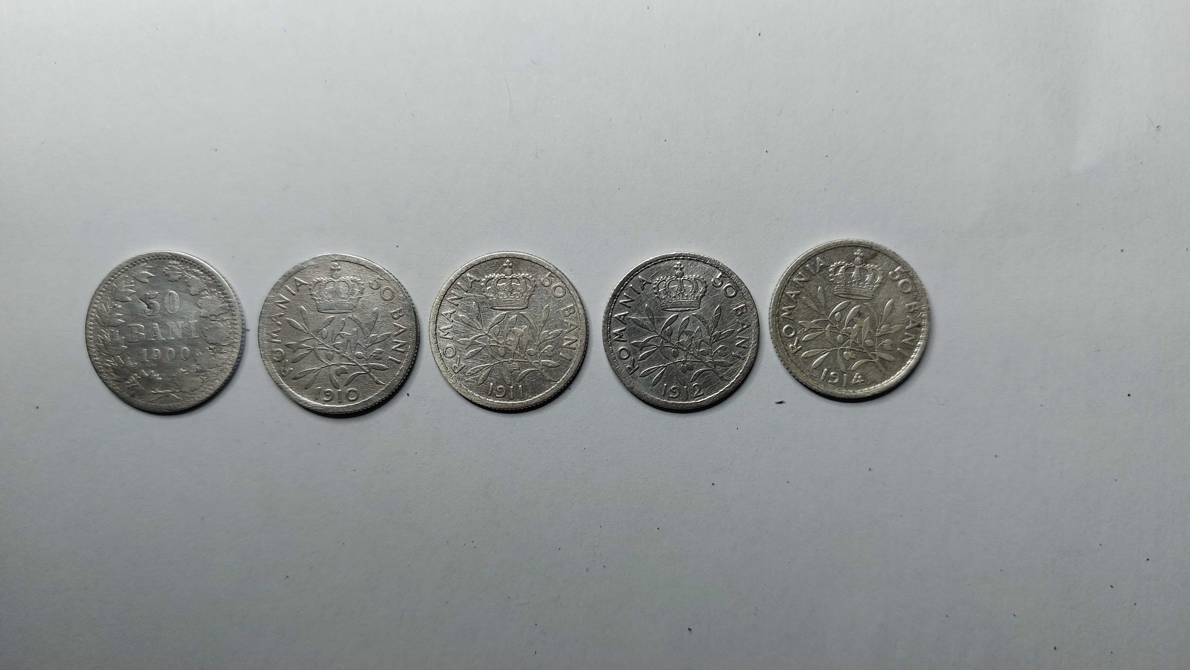 Cinci monezi din argint, 50 bani, Carol I, 1900, 1910,1911, 1912,1914