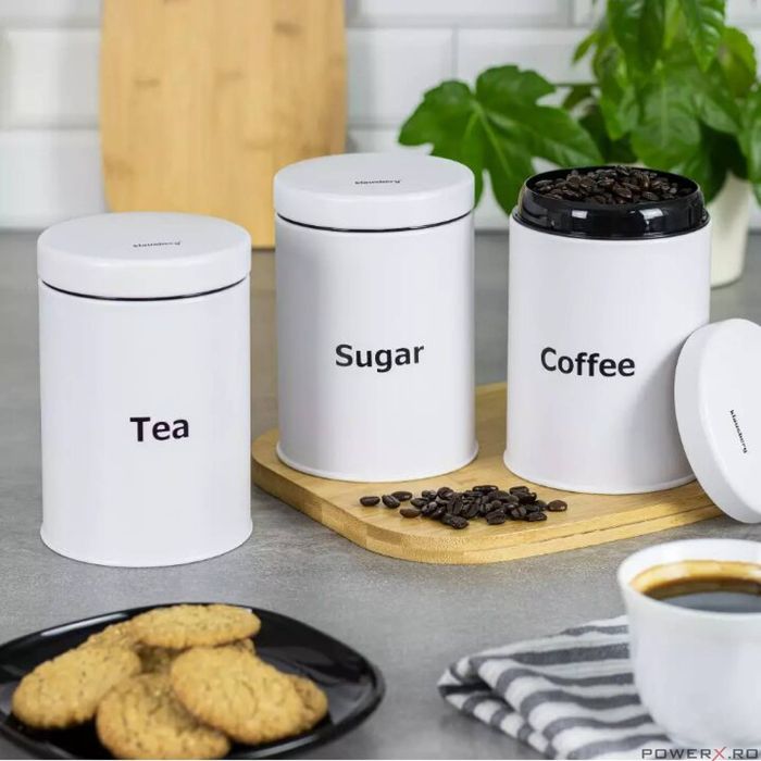 Set de 3 recipiente pentru cafea, zahar si ceai, din otel, alb, 11,5 x