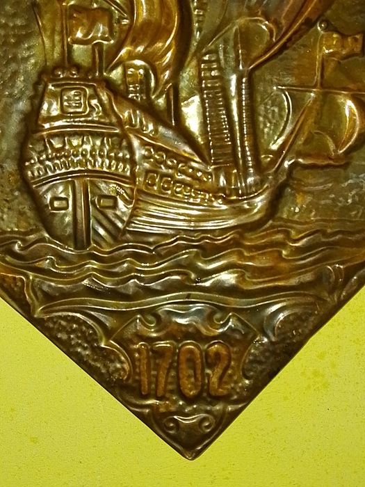 Стара Медна Декоративна Картина  , Медно Пано, Кораб - 1702г.