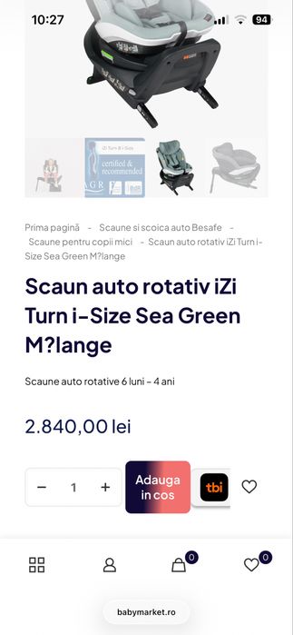 Scaun auto pentru copii BeSafe iZi Turn i-Size, rotativ, 6 luni-4 ani
