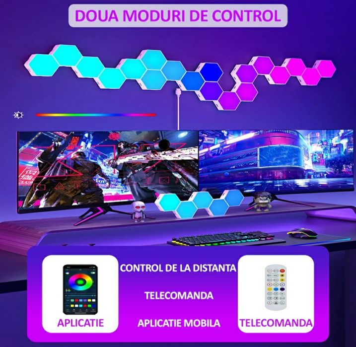 Set 6 lămpi RGB hexagonale modulare de perete