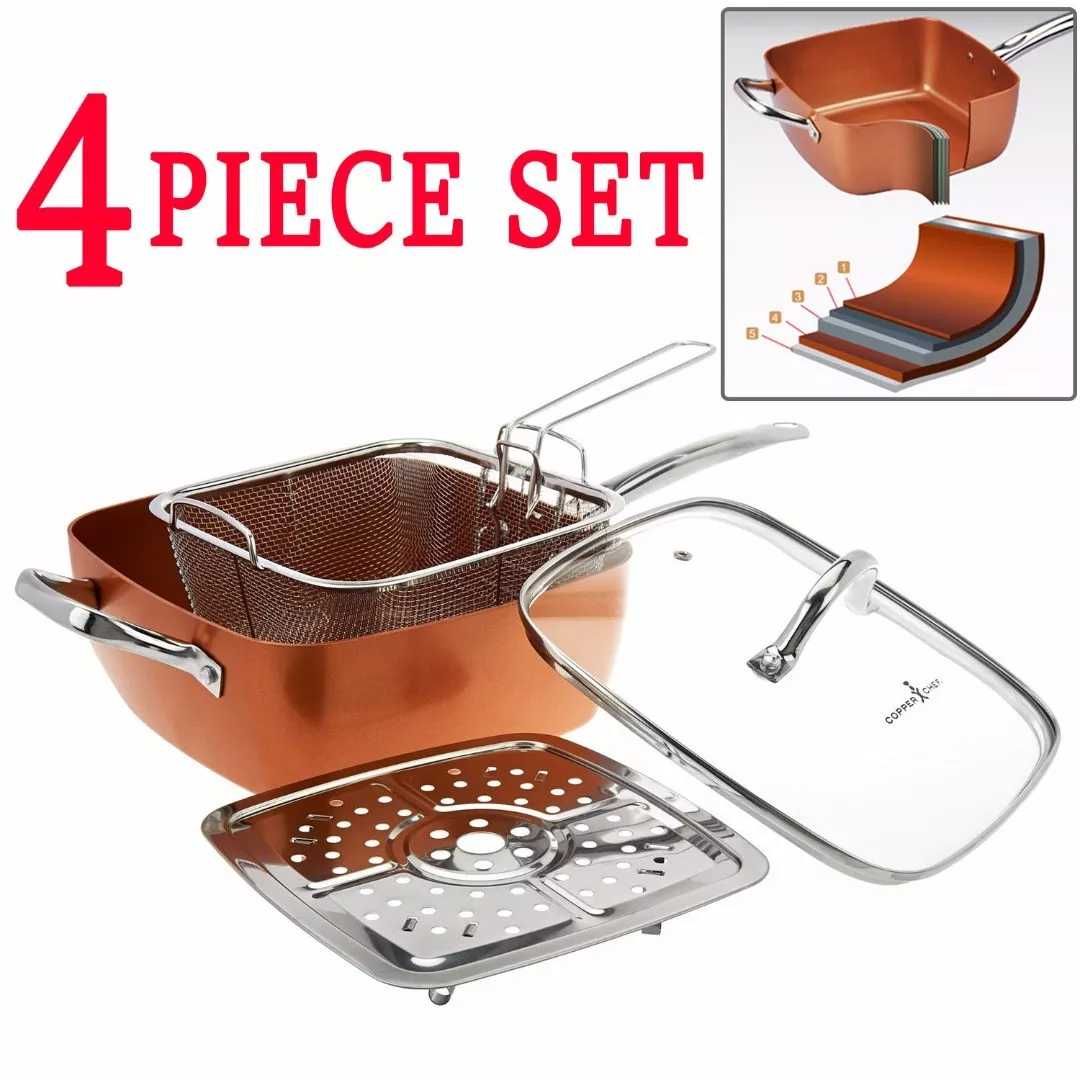 Нов дълбок меден тиган Copper Pan Комплект 6 в 1 Незалепващо покритие