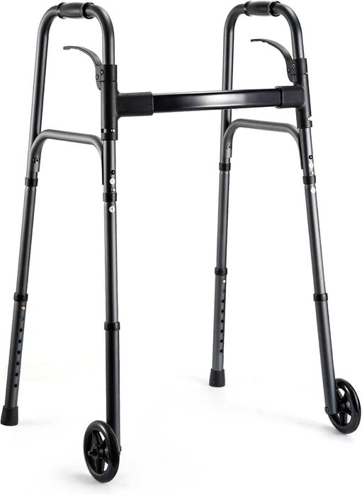 НОВА! Лека сгъваема проходилка с колелца, регулируема и тригер функция