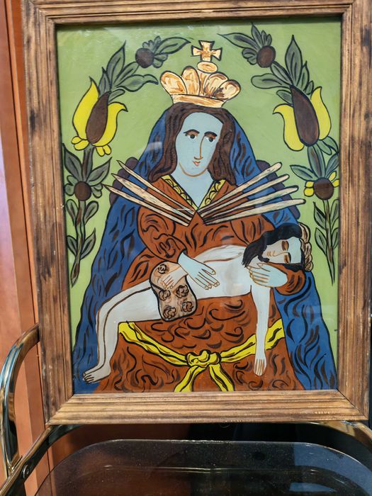 Icoana catolica poloneza veche, pictata pe sticla