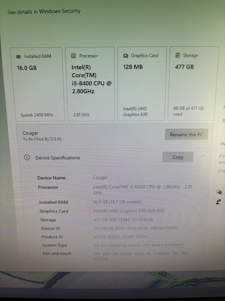 Настолен компютър Cougar, i5 8400, 16GB RAM, 500GB SSD, beQuiet 600W