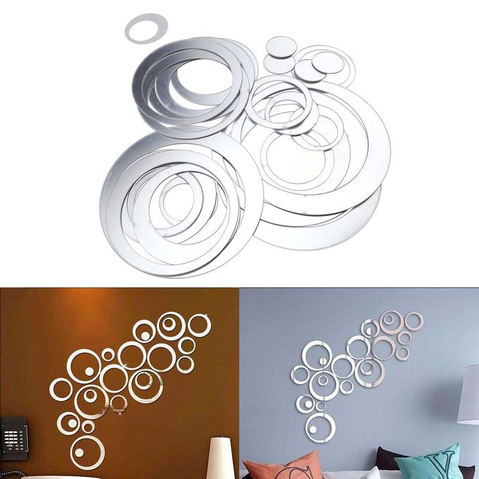 Set Oglinzi Decorative din PVC Argintii Cercuri 24 bucati/set