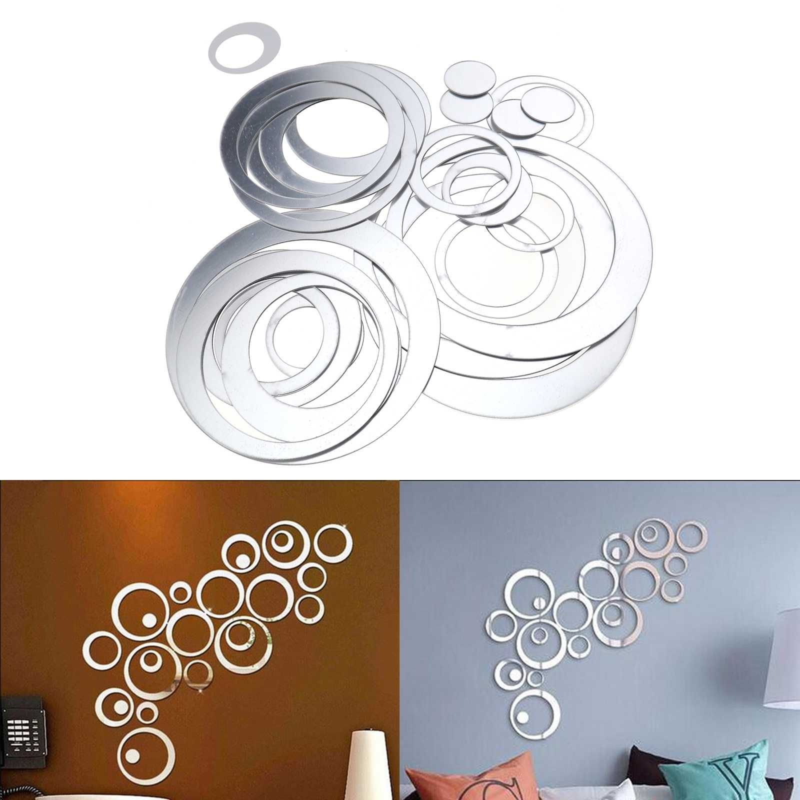 Set Oglinzi Decorative din PVC Argintii Cercuri 24 bucati/set