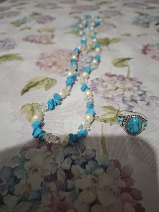 Set inel argint tibetan turcoise m 60 și colier 32 cm la dublu