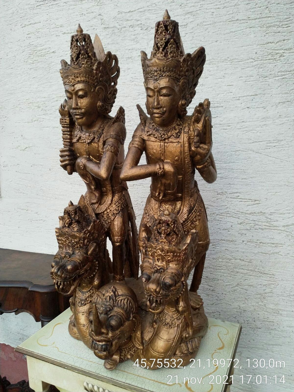 Statuie Zeu Zeitati Bali lemn sculptat manual foita aur antica Asia