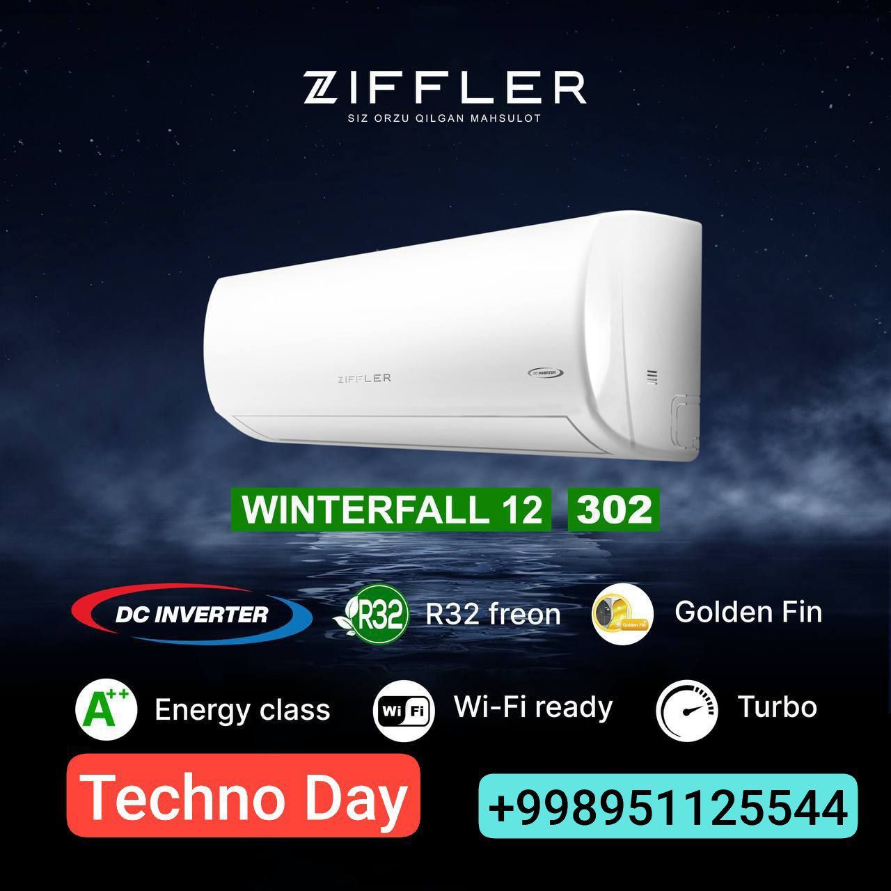 Кондиционер ZIFFLER WINTERFALL12 DC INVERTER Wi-Fi Golden Fin+Доставка