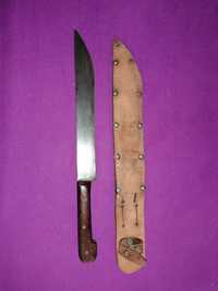 Голям български нож за клане кожена кания дръжка червено дърво стомана