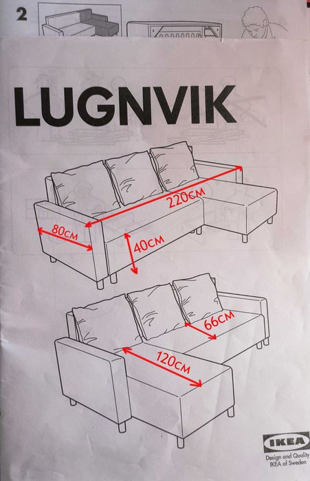 IKEA - Кухненски разтегателен диван с лежанка "LUGNVIK" - черен