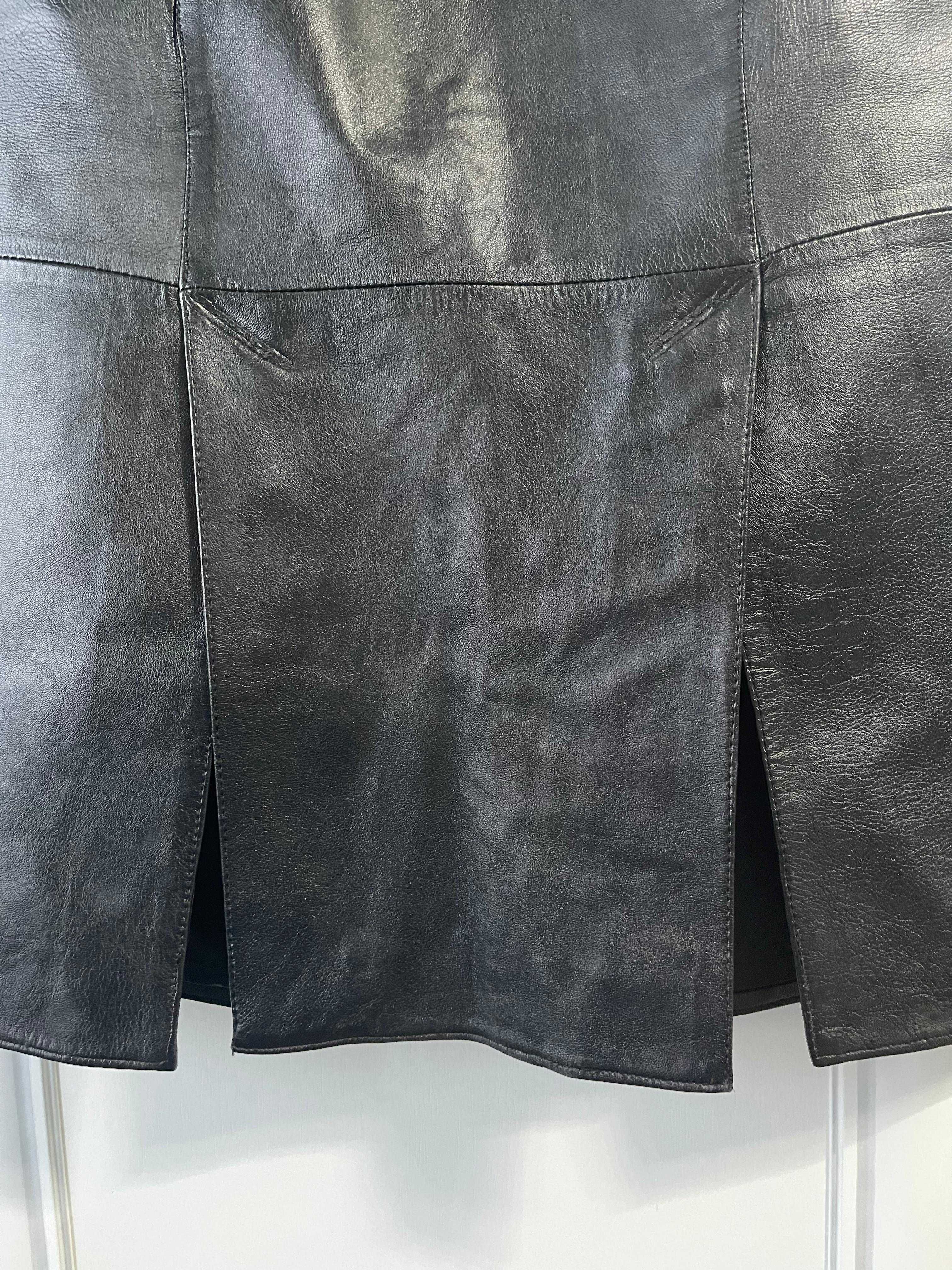 Fusta piele naturala neagra fina 2 buzunare crapaturi fata vintage