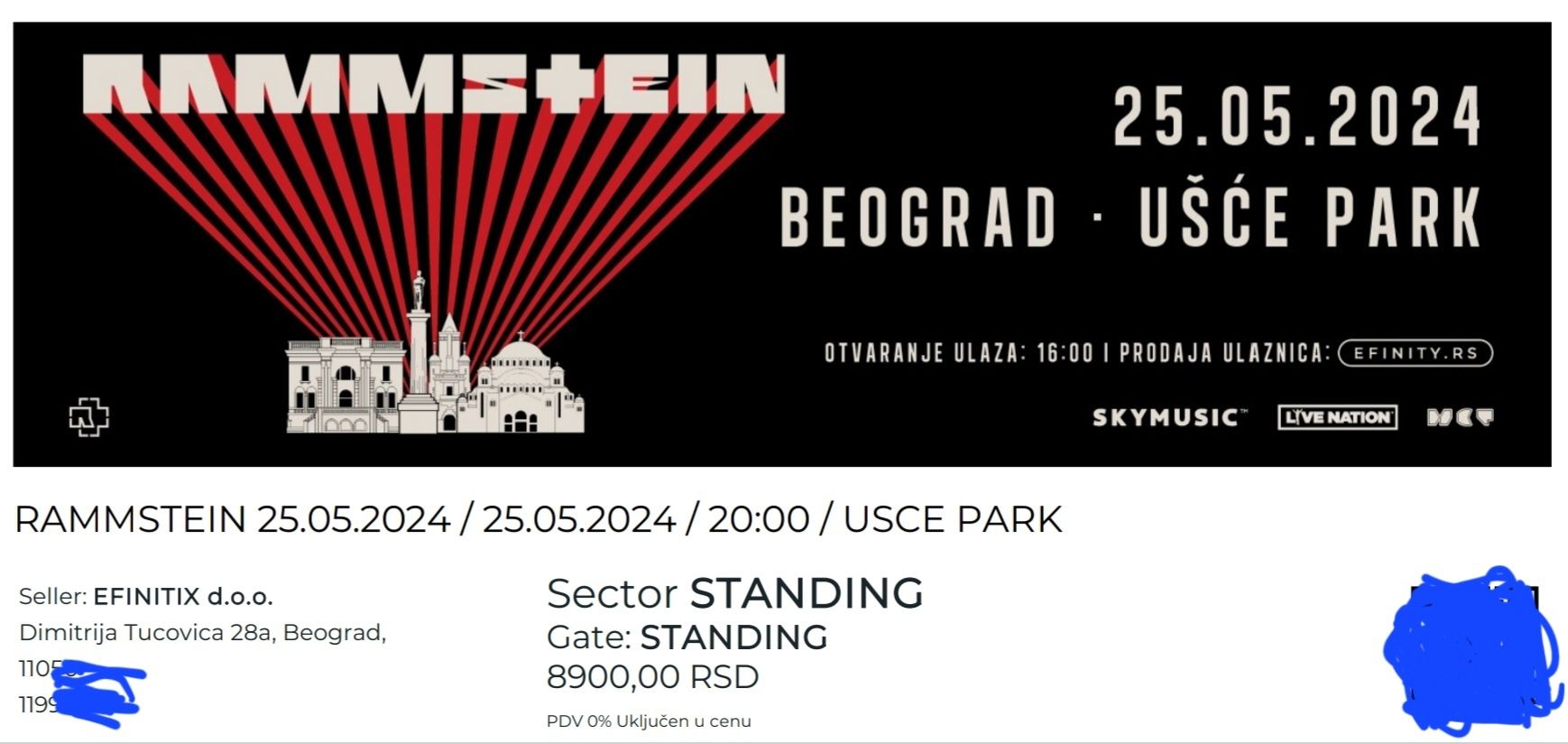 Продавам 1 билет за концерта на Rammstein в Белград 25.05.2024