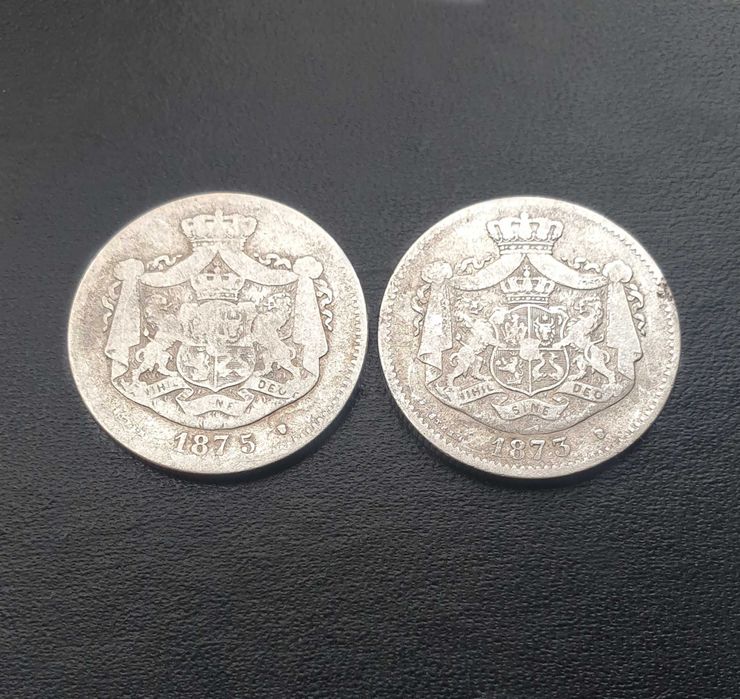 Set monede 2 lei 1873 si 1875, argint, Carol 1