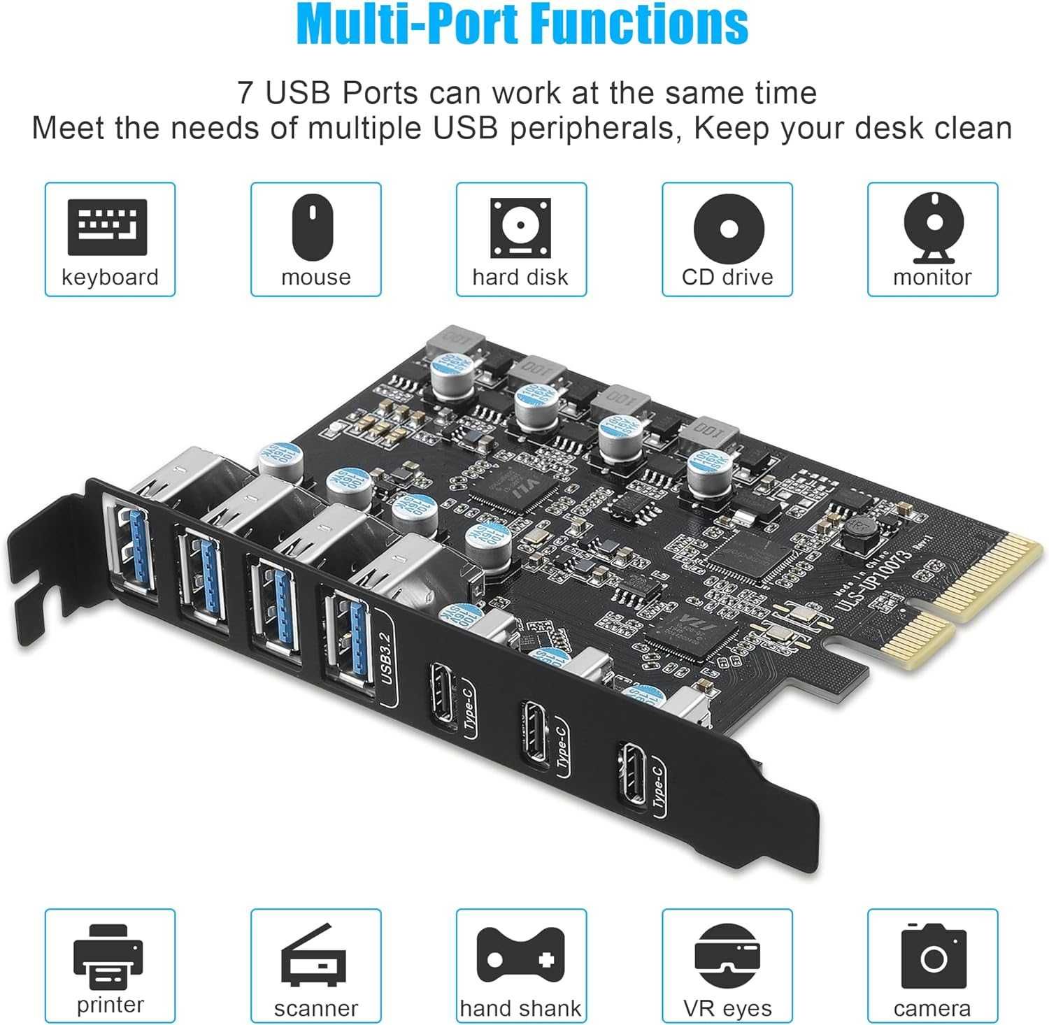 PCIe USB 3.2 карта 7 порта (4A + 3C) Gen 2 10Gbps вътрешен USB ХЪБ