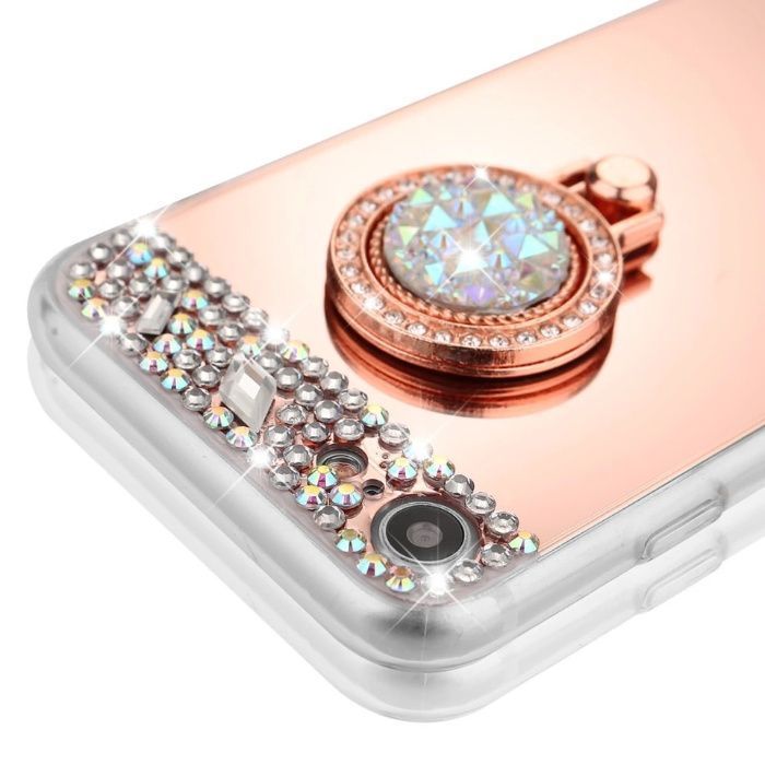 Husa tip oglinda cu pietricele + inel pt. iPhone SE 2020, 6, 6s, 7, 8