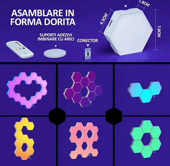 Set 6 lămpi RGB hexagonale modulare de perete