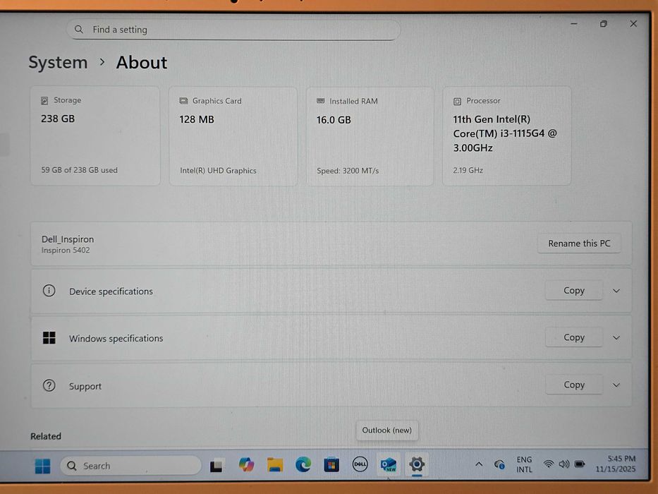 Laptop Dell Inspiron 5402 i3-1165G4 / 14" FHD/ 16GB / SSD 237GB / W11