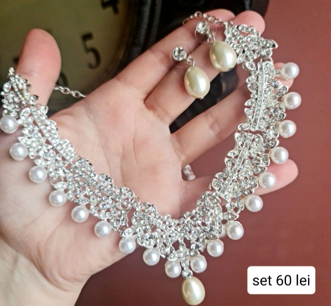 Set coroana colier si cercei pt mireasa perle bijuterii nunta perle