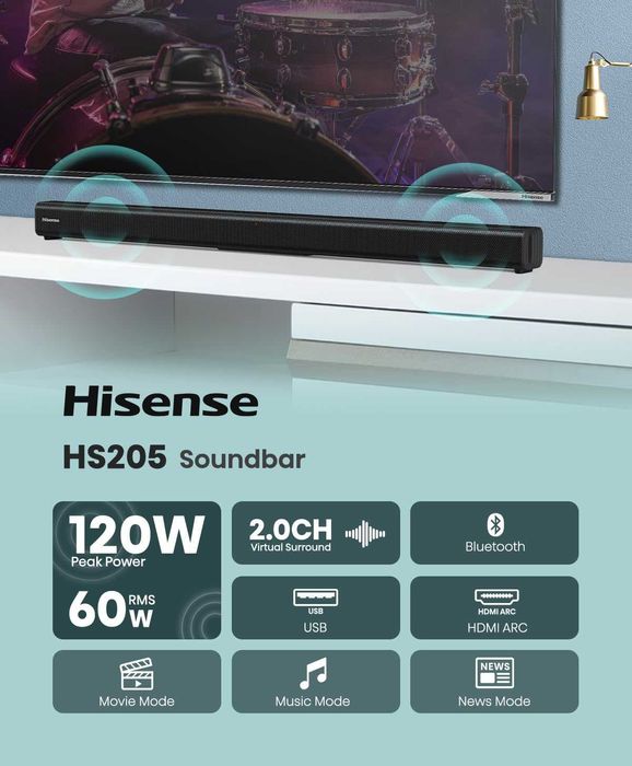 Саундбар Hisense HS205 2.0 канальная система, мощность 60 Вт
