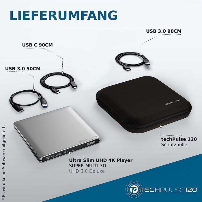 Нова Външна 4K Blu-ray Записвачка techPulse120 (USB-C) + Калъф