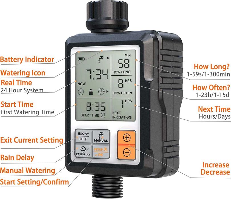CROSOFMI Напоителен компютър с голям дисплей, Rain Delay и Child Lock