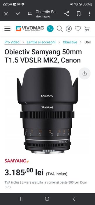 Obiectiv Samyang 50mm T1.5 VDSLR MK2, Canon