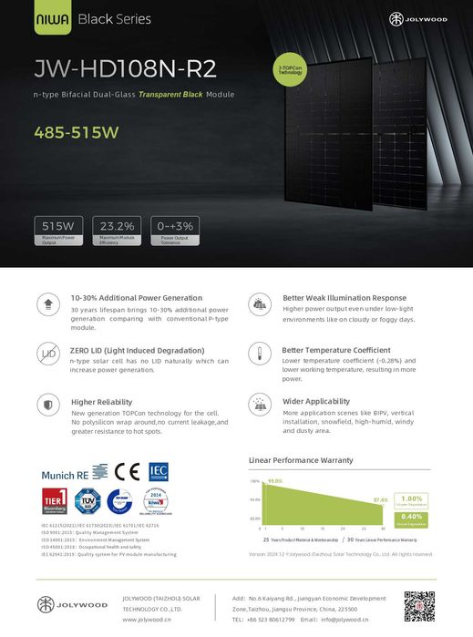 Panouri fotovoltaice Jolywood NIWA Black 505W Negru(JW-HD108N-R2-505W)