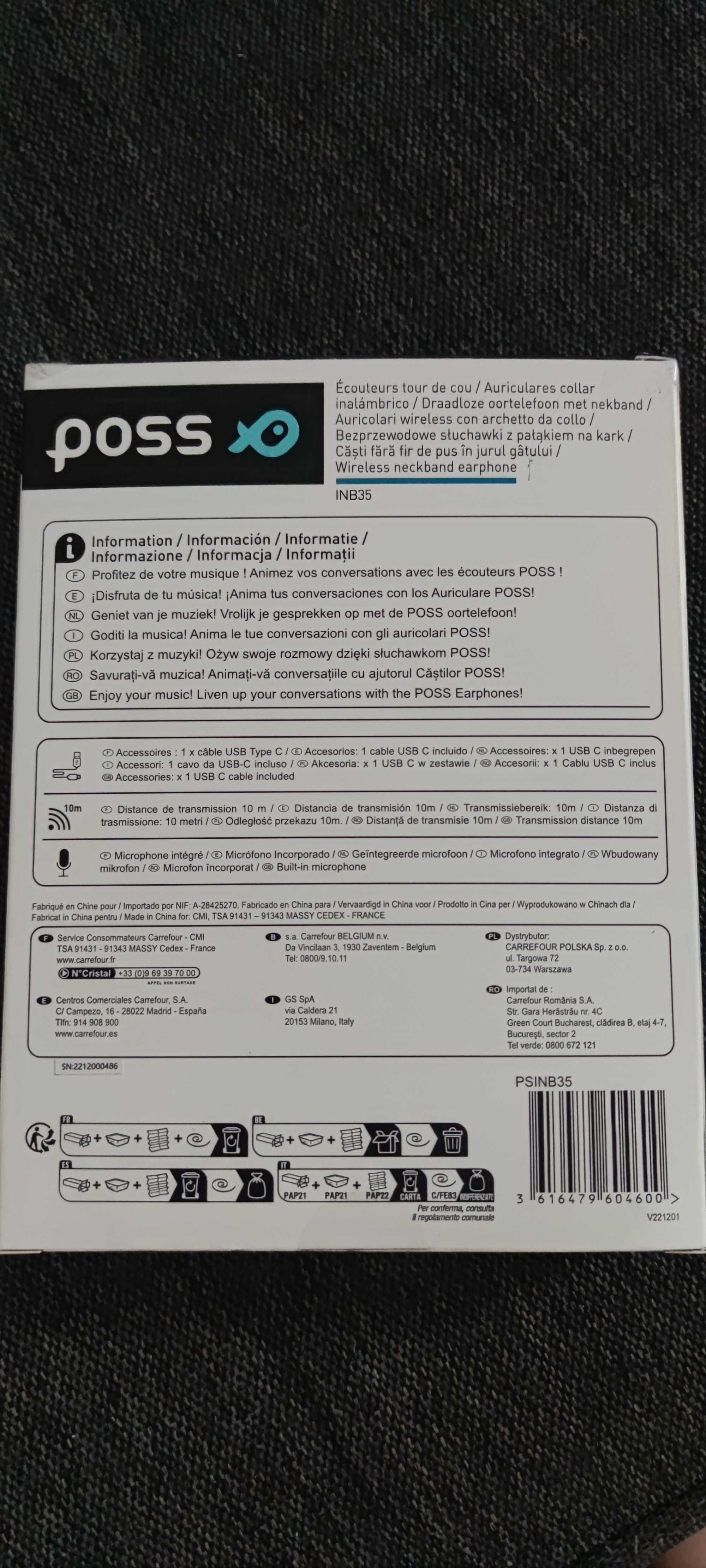 Casti bluetooth Poss PSHB363,IPX5 autonomie 11 ore, Negru