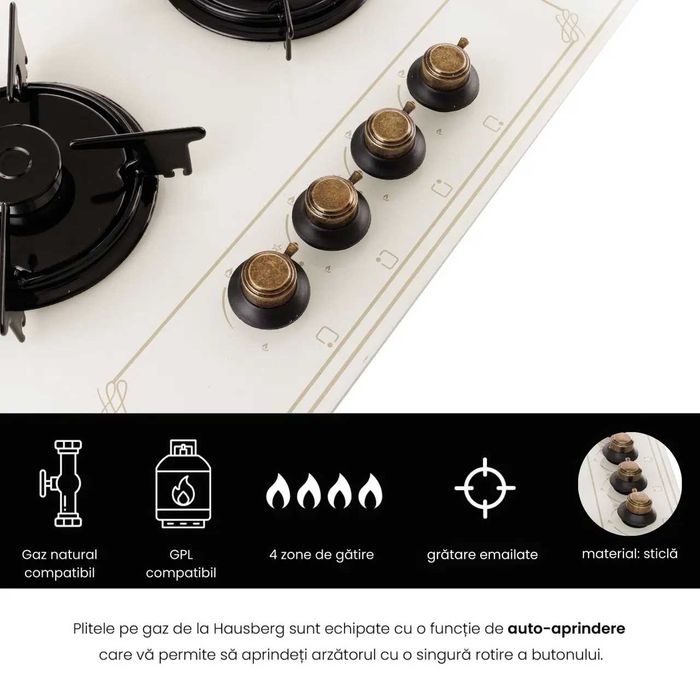 Plita Incorporabila Rustica Hausberg HB-570, Gaz, 60 cm, Sticla, Bej