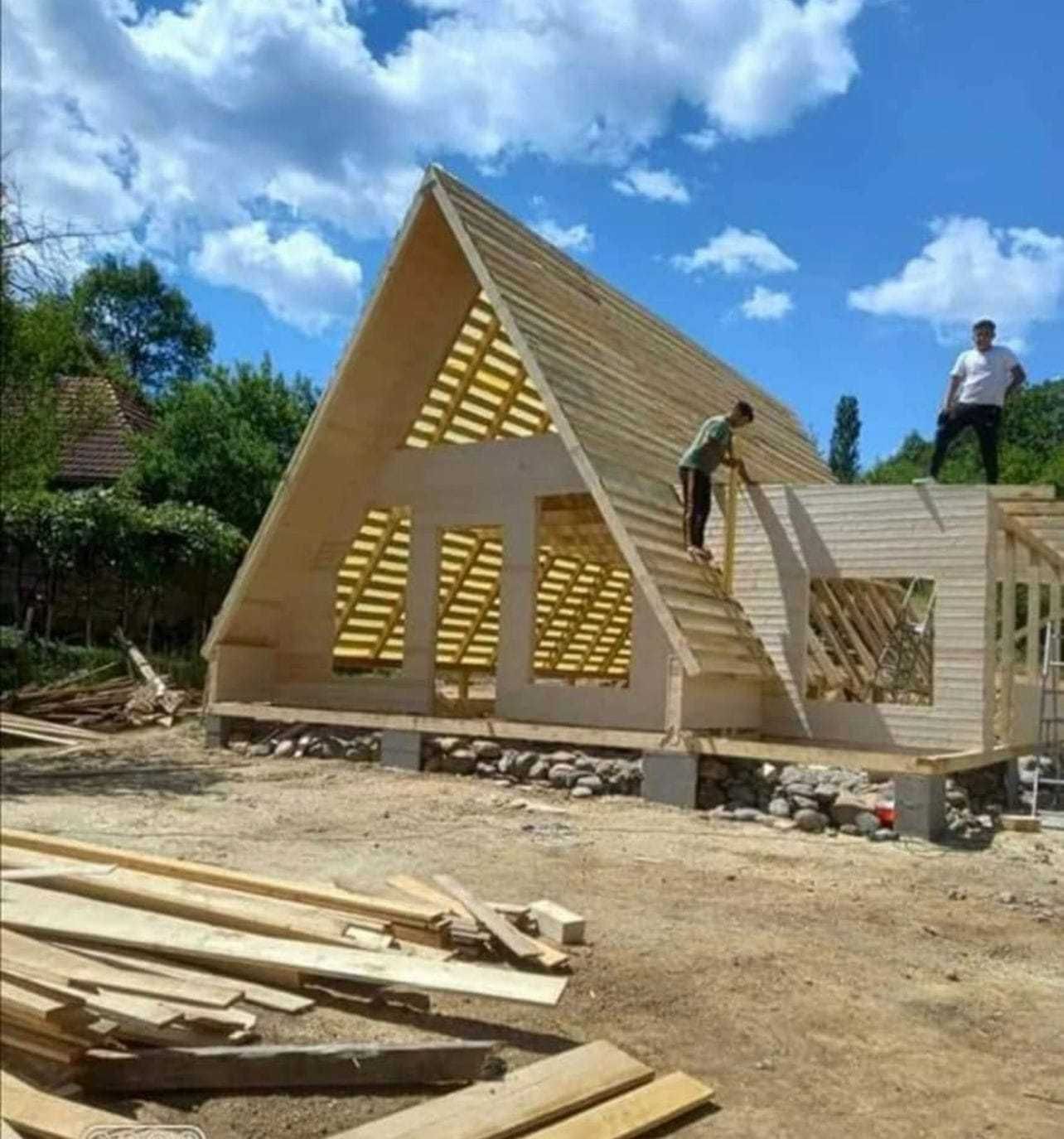 Cabana stil A-Frame, casa, terase si foisoare din structura de lemn
