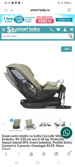 Vand Scaun Auto Coccolle 360g isofix NOU  în garanție