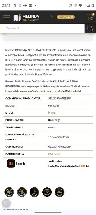 Invertor TRIFAZAT ON-Grid SolarEdge SE10kw