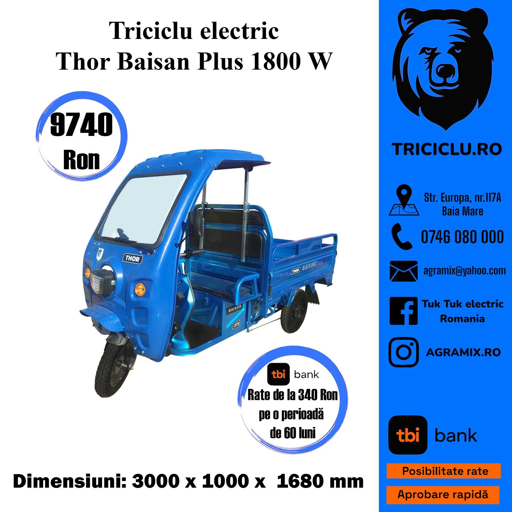 Triciclu NOU Thor Baisan Plus Cab cu bena 1800W Agramix