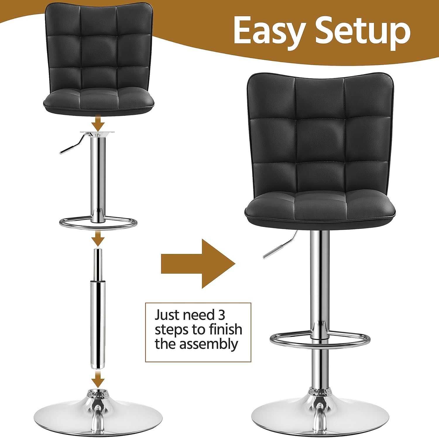 Set 2 scaune bar reglabile, rotative, piele PU | 614159 Black(2pcs)