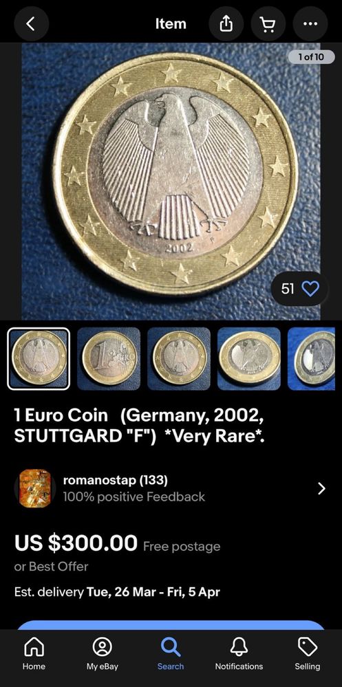 Рядка монета 1 евро, Германия, 2002 г.