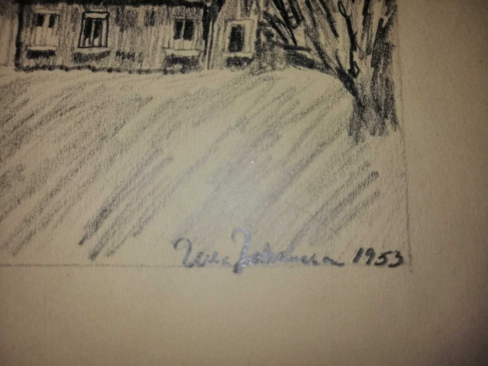 Tablou desen creion pe hartie peisaj de tara semnat 1953 Johansson