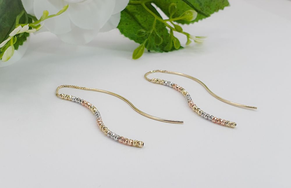 Cercei pe lanț din aur de 14K, model cu bile din aur galben alb și roz