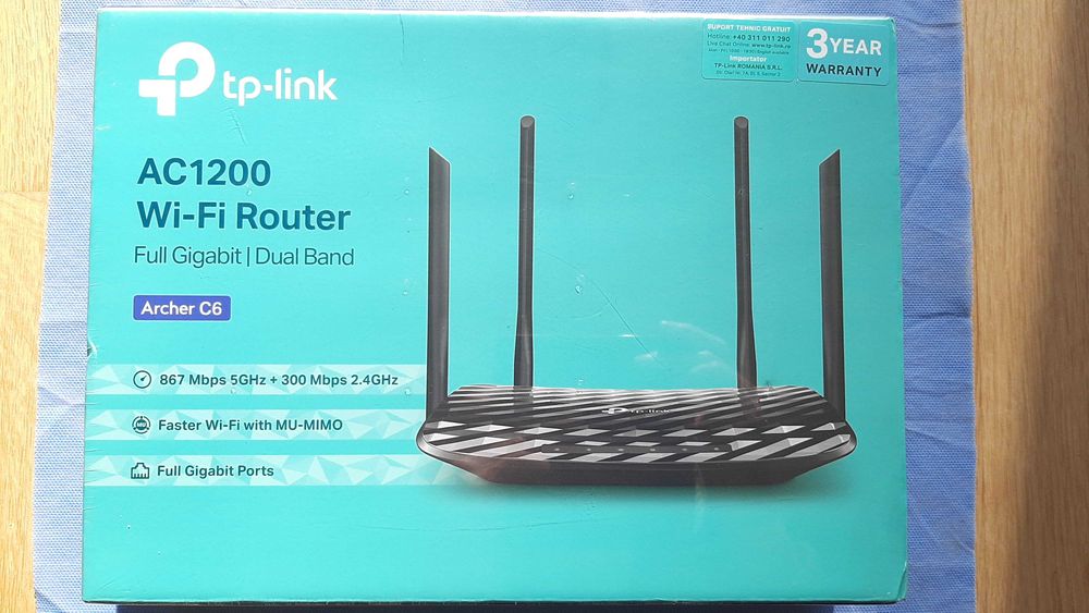 Router Wi-Fi Archer C6, TP-Link AC1200, nou, sigilat, 5 antene, negru