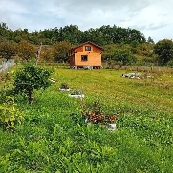 Teren cu cabană de lemn, de vânzare.