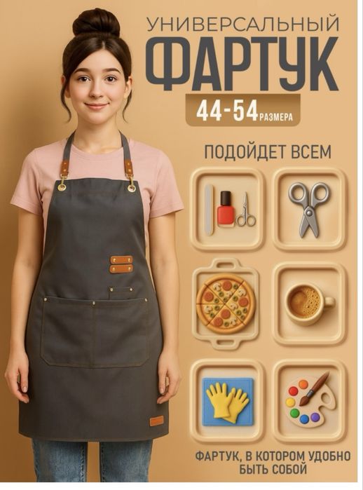 Фартук , крепкая ткань ,есть карманы , разм-р подходит 48,50,52