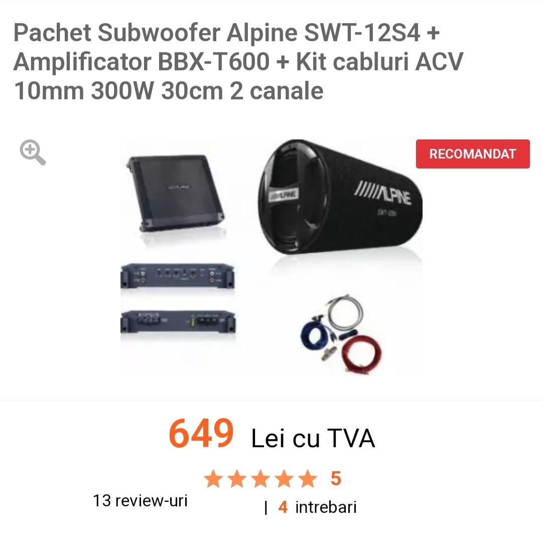 Pachet Subwoofer Alpine SWT-12S4 + Amplificator BBX-T600 + Kit cabluri