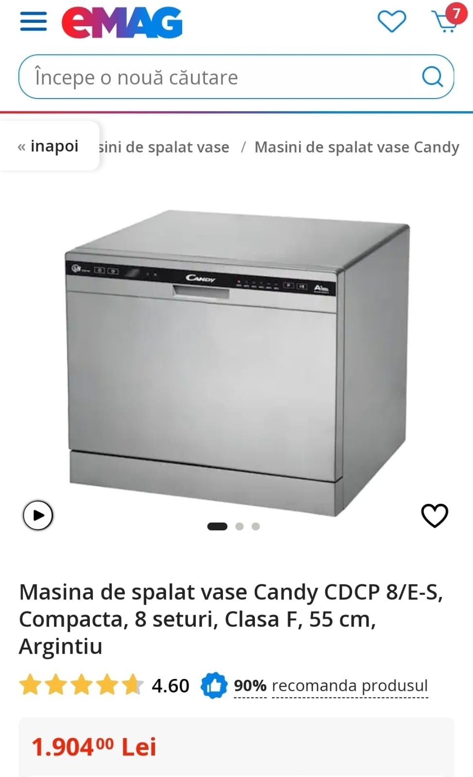 Mașina spălat vase Candy CDCP 8S/E-S,Compacta,8 seturi, 55cm, Argintiu