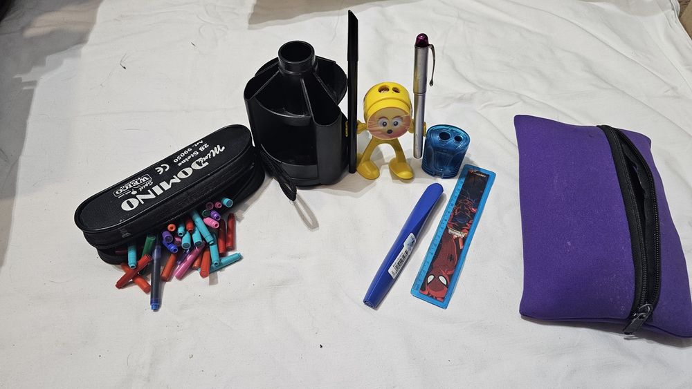 Doua stilouri, suport pixuri creioane, doua ascuțitoare si mine stilou