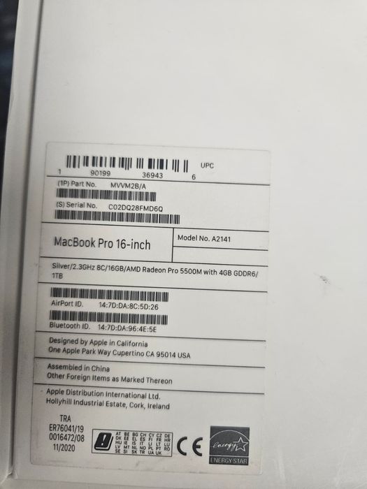 MacBook Pro 16” (2019) apple/ I7 -2.6ghz/ 16gb DDR4