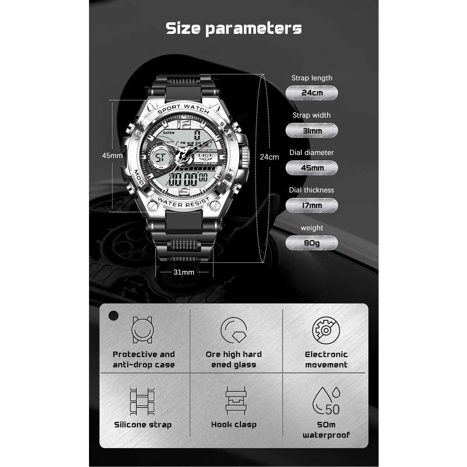 Мъжки часовник Lige Sports Watch, Водоустойчив, 5 ATM, Хронограф