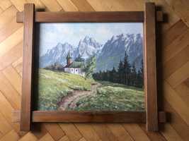 Tablou,pictura germana  in ulei pe lemn,peisaj in Alpi