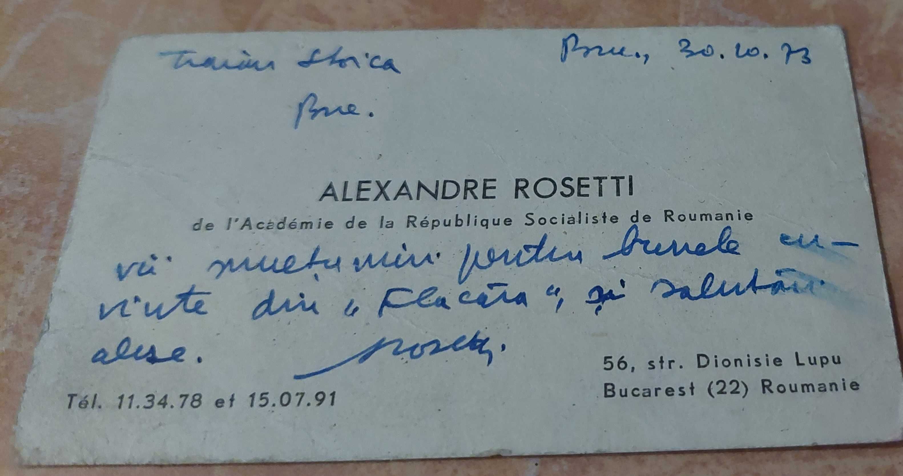 Carte de vizita Acad. Alexandru Rosetti semnata si datata